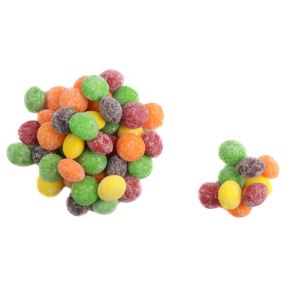 Rainbow Sour Skittles candy, bite-sized pieces in yellow, green, red, purple, orange, approx. 410 per pound.