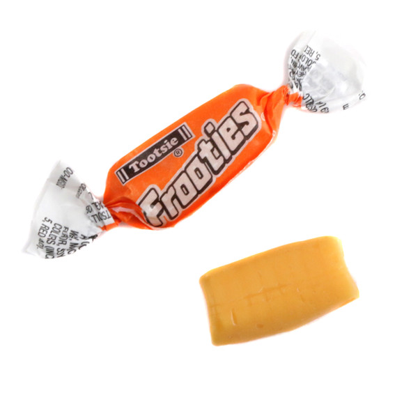 Mango Frooties chewy candy, bright orange wrappers, mango flavor, approx 140 pieces per pound.