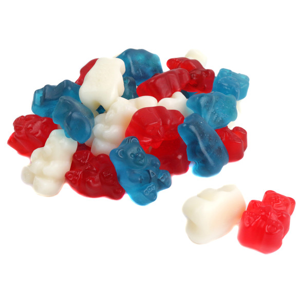 Albanese red, white, blue Patriotic Gummy Bears, cherry, strawberry-banana, blue raspberry, USA-made.
