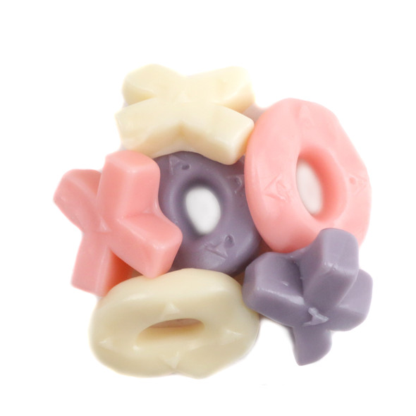 Gummy Hugs and Kisses XO candy, red, purple, yellow X and O shapes, grape, pineapple, strawberry flavors.