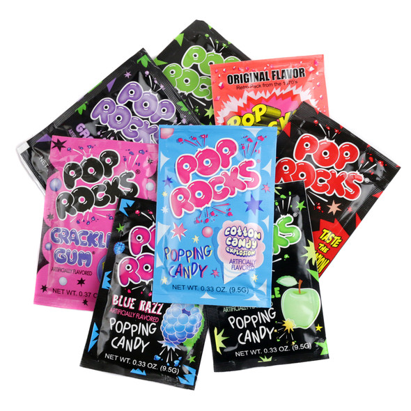 20 assorted Pop Rocks packs. Vibrant mix of blue raspberry, green apple, strawberry, grape, watermelon, cherry flavors.