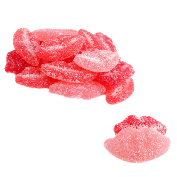 Jelly Belly Sour Lips, red & pink gummy candy, cherry, strawberry, watermelon flavors, approx 65-70 pcs per lb.