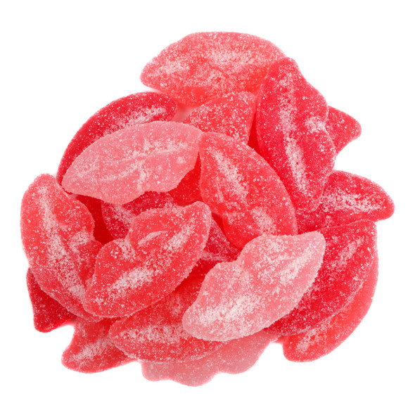 Red and pink Jelly Belly Sour Lips gummy candy, cherry strawberry watermelon flavors, bulk unwrapped, approx 65-70 pieces.