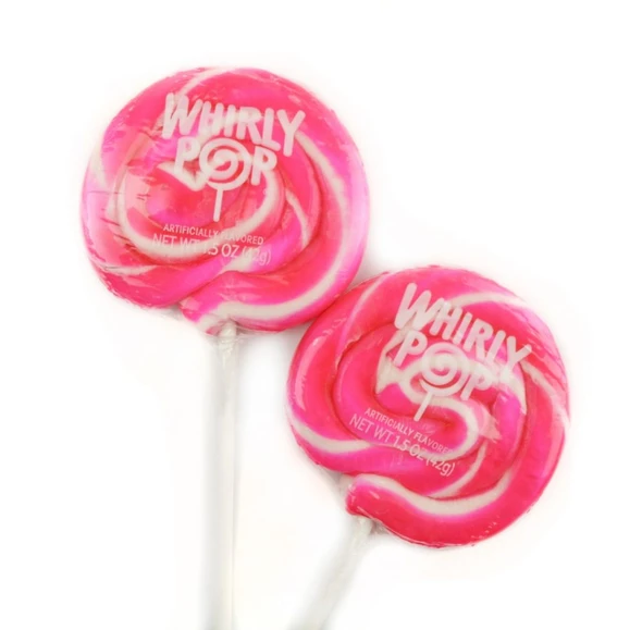 12 hot pink and white twisted Whirly Pop lollipops, 1.5 oz each, 7 inches long. Valentines, baby shower candy.