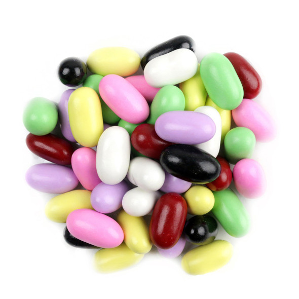 Jelly Belly Licorice Pastels, light green, yellow, purple, red, black, white, 1lb, 1200pc, crunchy black licorice.
