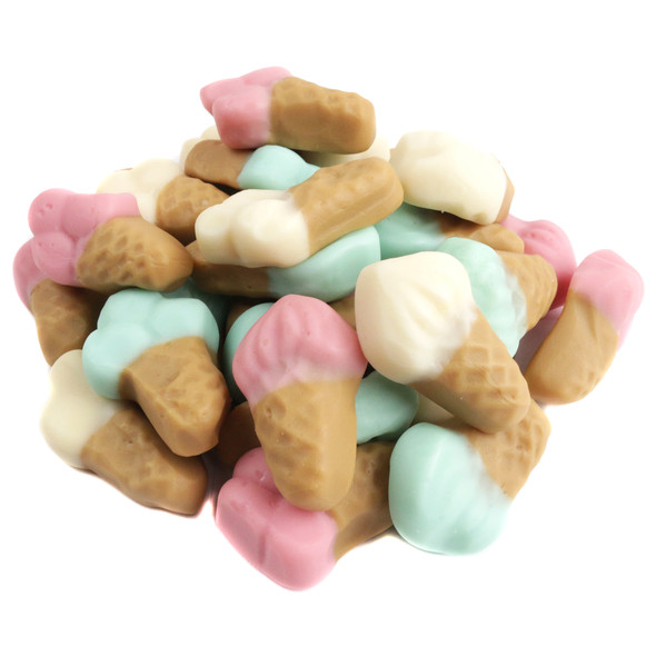 Kervan Gummy Ice Cream Cones. Assorted pink strawberry, white vanilla, green mint soft-serve & three-scoop designs.