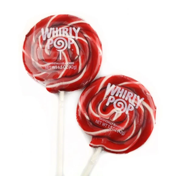 Red and white swirled Whirly Pop lollipops, 12-piece pack, 1.5 oz, 3 inch diameter.