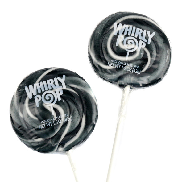 12 Whirly Pop black and white swirled lollipops, 1.5 oz each, fruit flavored.