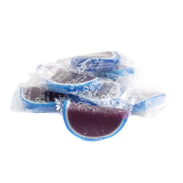 Individually wrapped bright blue blueberry jelly fruit slices, soft, chewy, approx 32 per pound.
