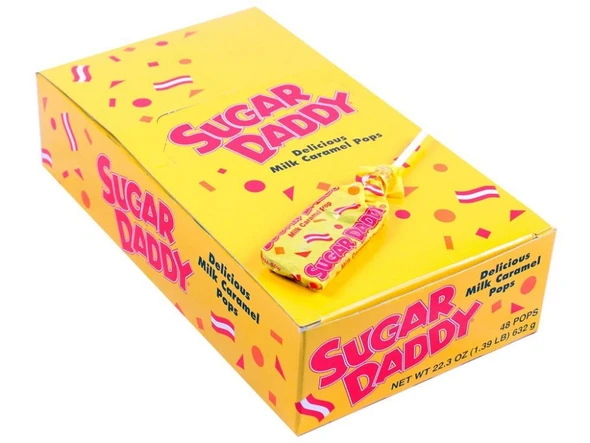 Sugar Daddy JR lollipops, 48 count, individually wrapped vibrant yellow milk caramel suckers.