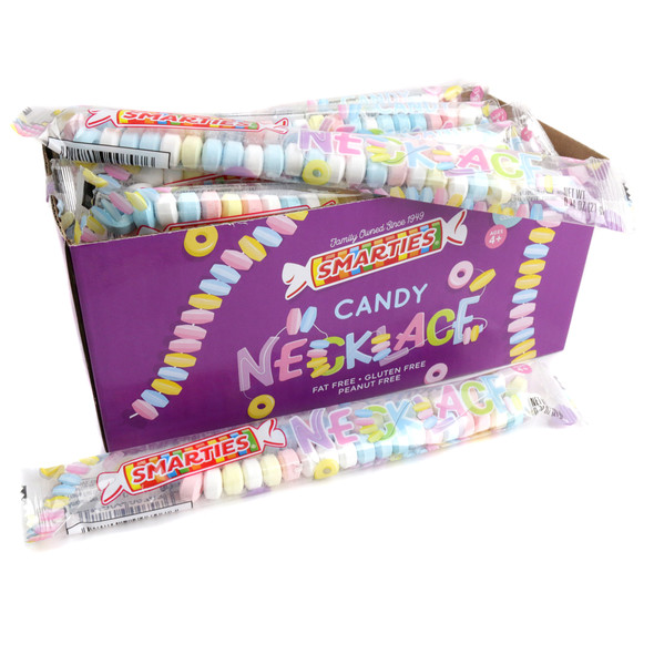 24 individually wrapped Smarties Candy Necklaces, featuring colorful rainbow candy beads on stretchy cords.