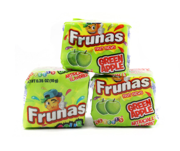 Vibrant green Green Apple Frunas, super chewy candies with tart apple flavor. Approximately 45 per pound.