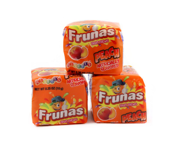 Bright orange, chewy Peach Frunas taffy. Bite-size, sweet, tangy peach flavor, approx. 45 pieces per pound for parties.