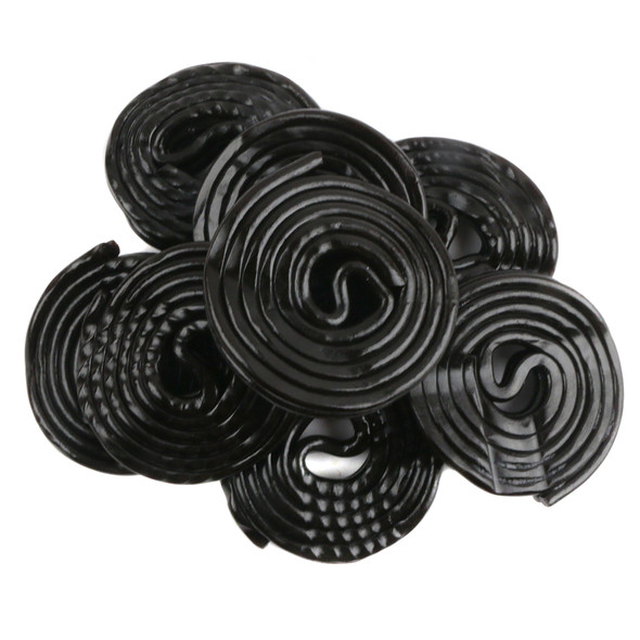 Bulk 4.4LB bag, dark black licorice wheels, round rolled laces. Gerrit Verburg old fashioned candy.