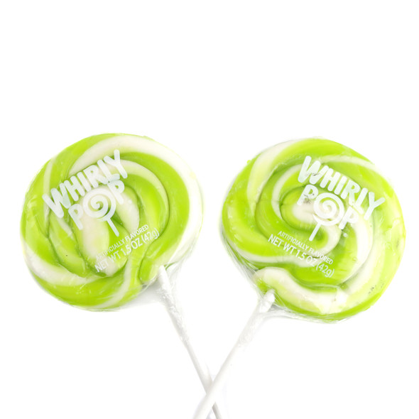 12 Whirly Pop lollipops with vibrant lime green and white swirls, 1.5 oz.