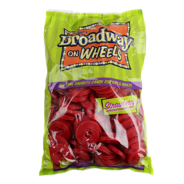 4.4LB bag of Gerrit Verburg Red Strawberry Licorice Wheels, 1.5-inch red candy wheels, approx. 198 pieces.