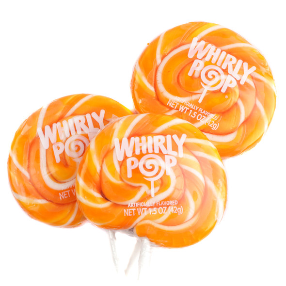 12 Whirly Pop Orange & White swirl lollipops, tangerine flavor, 1.5 oz each, individually wrapped.