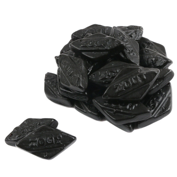 Black, diamond-shaped Diamond Salt Licorice Zouts, medium-soft, imported from Holland. Approx 90 pieces.