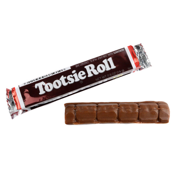 Bulk box of 48 classic brown Tootsie Roll candy bars, individually wrapped 0.5oz retro sweets.