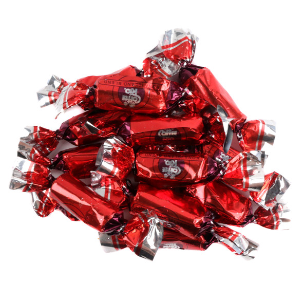 Coffee Rio Kona Blend hard coffee candy, rich brown, 87 pieces per pound, real Hawaiian coffee flavor.