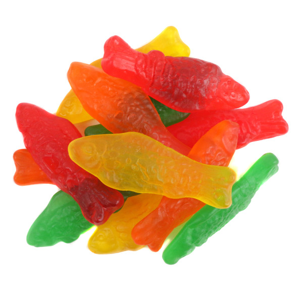 Assorted Swedish Fish, vibrant rainbow colors, red, orange, lemon, lime. Sweet, chewy, fruity, approx 55 per pound.