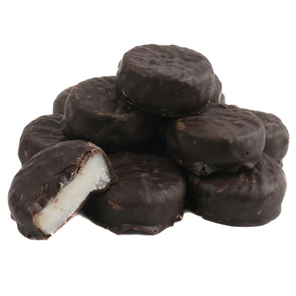 Brown unwrapped mini peppermint patties, about 95 per pound, chocolate & mint flavor.
