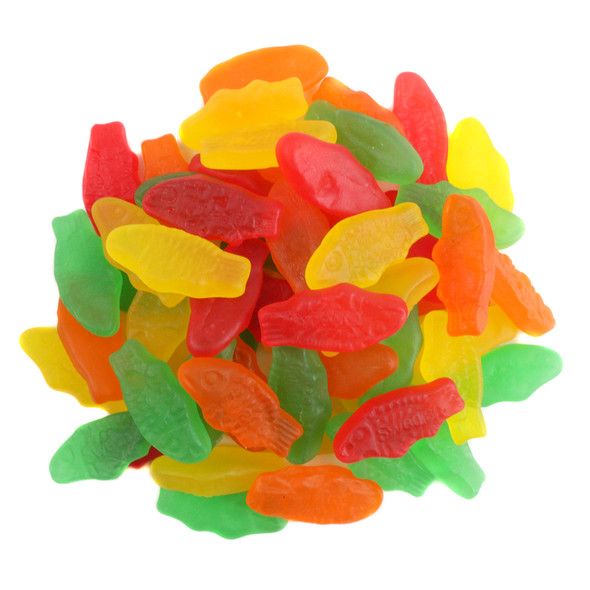 Assorted Mini Swedish Fish, chewy red, orange, lemon, lime gummy candy, approx 170 pieces per pound.