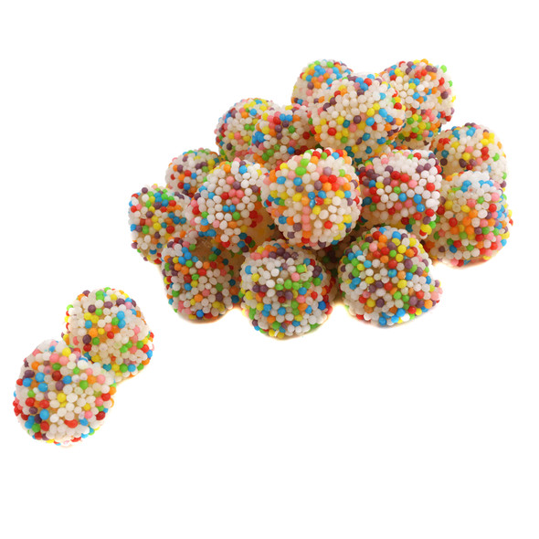 Rainbow Nonpareil Gummy Berries, colorful fruit-flavored candy with approximately 100 per pound, made in Holland.