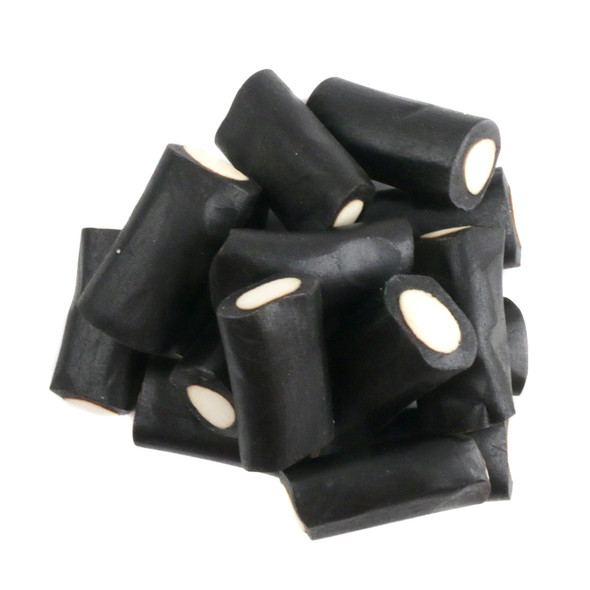 Black Licorice Rockies, soft black licorice candy with a sweet white cream center, 2.2LB bag, approx 220 pieces.