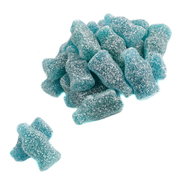 Blue raspberry gummy soda bottles, 2.2LB bag. Small blue candy bottles, sour sugar dusted, 3 inches long.