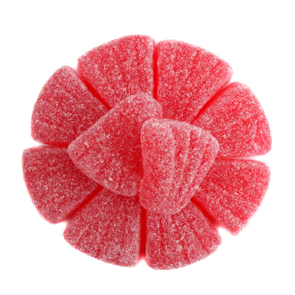 Pink grapefruit gummy wedges, dusted with sour sugar, 2.2LB bag, approximately 75 pieces of candy.
