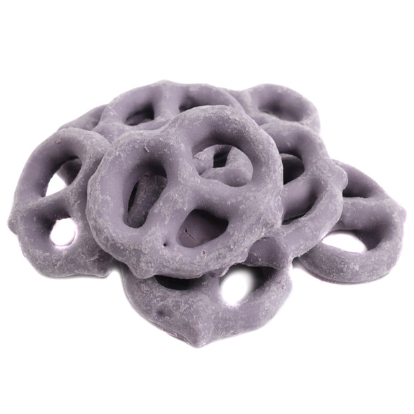 Mini purple raspberry yogurt coated pretzels, approx 90 per pound, sweet, salty bulk candy.