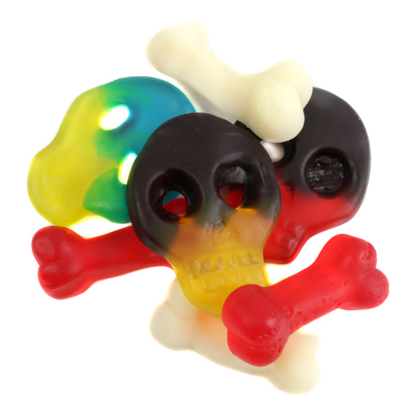 Assorted color gummy skulls and bones candy, approx 2 inches, 69 pieces per pound. Ideal for Halloween, pirate parties.
