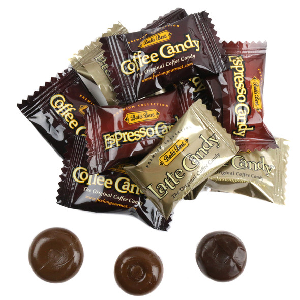 Balis Best Assorted Coffee, Latte, Espresso hard candy, various brown tones, 120 wrapped pieces.