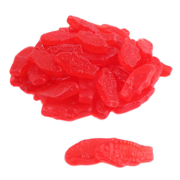 Vibrant red Mini Swedish Fish candy, chewy texture, sweet cherry flavor, approximately 170 pieces per pound.