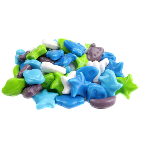 Spaced Out Pressed Candy, blue, red, purple, star, spaceship, alien head shapes, 1lb, approx 440 pieces.