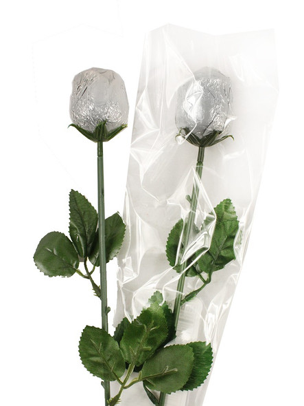 10 silver foil wrapped milk chocolate roses, perfect for Valentine's Day candy bouquets or elegant centerpieces.