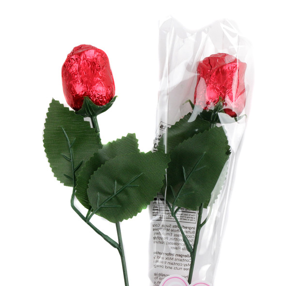 Ten elegant ruby red foil-wrapped Belgium milk chocolate roses, perfect for Valentine's Day or anniversary gifts.