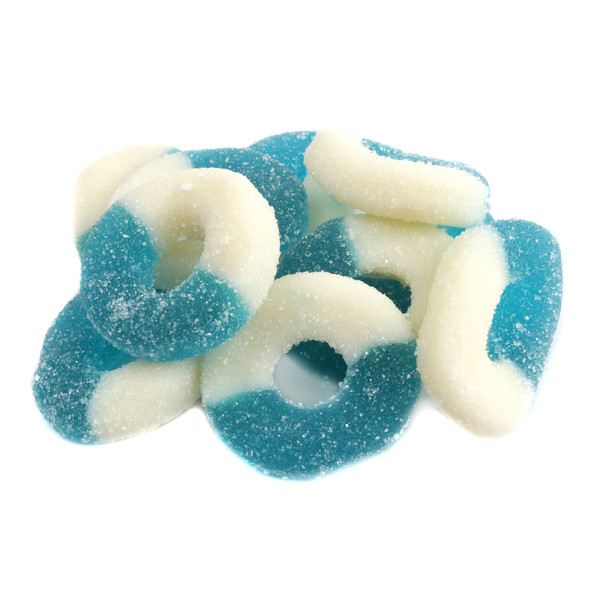 Blue Raspberry Gummy Rings, vibrant blue with white, finely sanded, sweet, tangy. Approx 65 rings per pound, USA-made.
