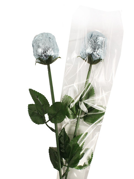 10 light blue foil-wrapped long-stemmed Belgium milk chocolate roses.