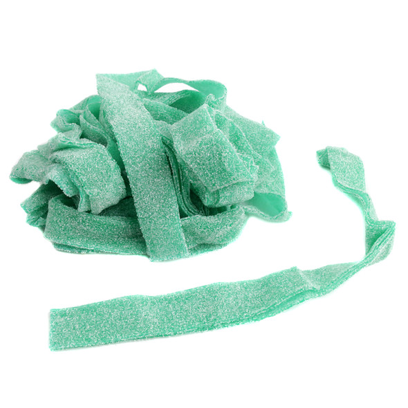 Bright green apple sour belts, approximately 50 tangy, 9-inch super sour candy strips per pound. Gummy green apple belts.
