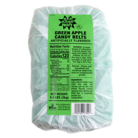 Green apple sour belts, approximately 50 bright green 9-inch candy strips per pound, tangy and pucker-inducing.