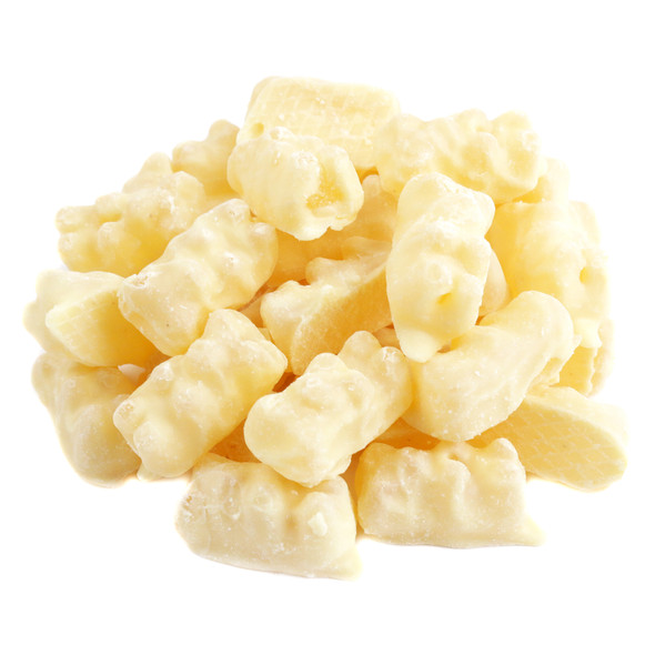 Butter-based white chocolate covered gummy bears, original Swedish style. Kopper's Chocolates, Made in USA.