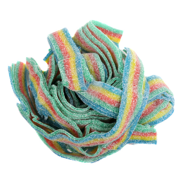 Rainbow Sour Belts Quattro, blue, green, red, pink, yellow 9-inch long gummy candy, sour and sweet.