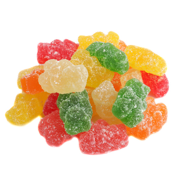 Albanese Sour Gummy Bears, assorted fruit flavors: cherry, strawberry, green apple, pineapple, lemon, orange, approx. 125 per lb.