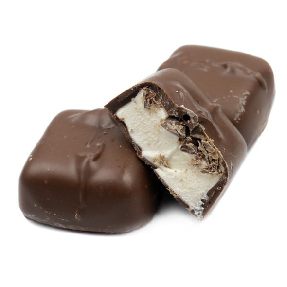 Jumbo Ashers Milk Chocolate Covered Marshmallows, rich brown chocolate, soft white marshmallow, Made in USA.