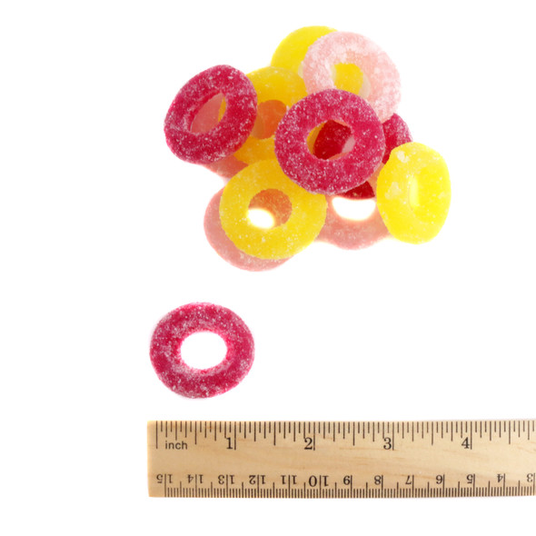 Non-GMO lemonade gummy rings, yellow, pink, red, classic, strawberry, pomegranate flavors, approx 65 per pound.