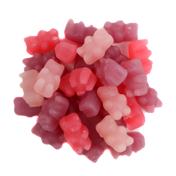 Non-GMO gummy bears, 100 per pound. Vibrant purple, red, pink, green grape, cherry, watermelon bears.