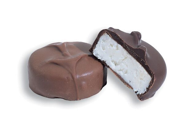 Asher's Sugar Free Milk Chocolate Peppermint Patties, approx. 27 count, round dark brown chocolate, white peppermint filling.
