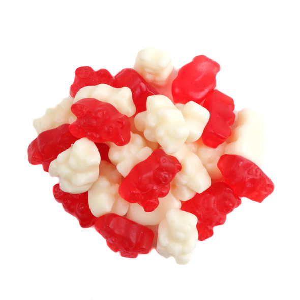 Albanese Valentine Gummy Bears, vibrant red and white, Strawberry Banana, Cherry flavors.